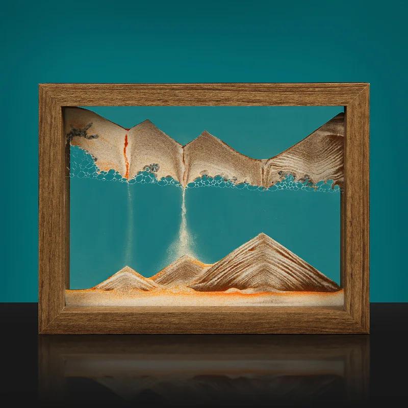 Moving Sand Art 3D Sandscape Quicksand Painting Liquid Hourglass Rotatable Wooden Frame Flowing Sand Home Decor Christmas Gift
