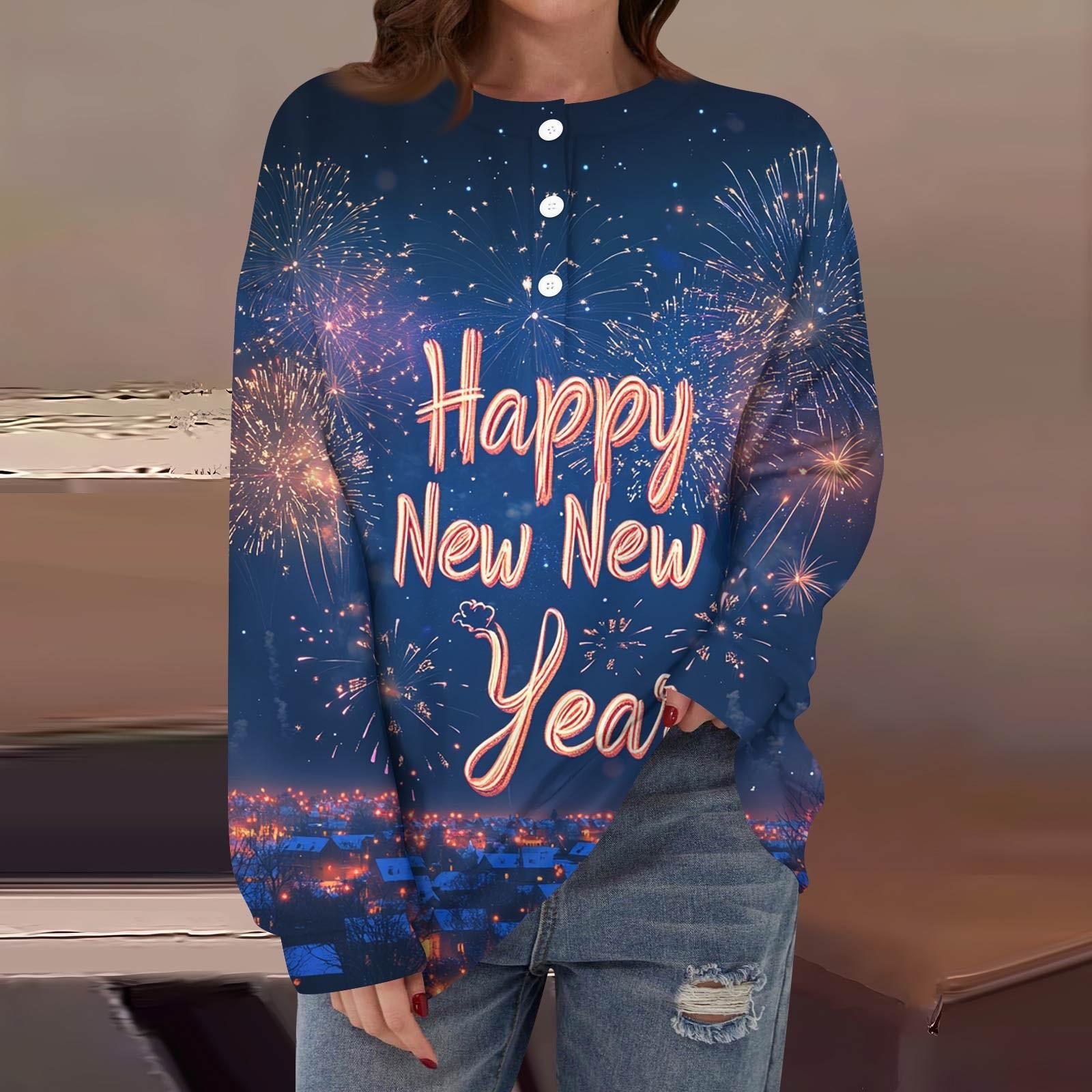 

Женская повседневная мода удобная рождественская футболка с длинным рукавом и круглым вырезом на пуговицах, свободный подол с боковыми разрезами M