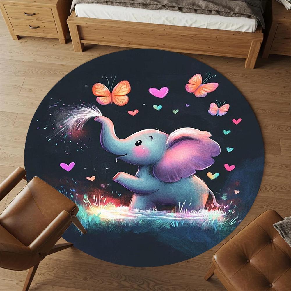 1PC Elephant Butterflies Hearts Round Chair Mat Area Rug - Non-Slip, Floor Mat for Office, Bedroom, Home Decor Christmas Gift C0528082