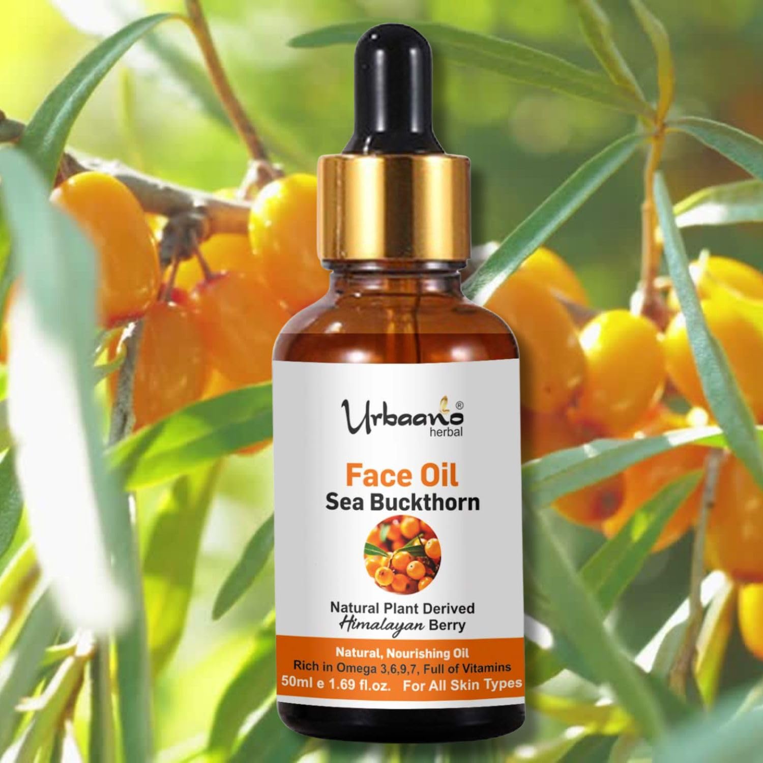 Urbaano Herbal Radiant Glow Sea Buckthorn Face Oil Serum, Natural Vitamin C & Omega 3,6,9 Rich Brightening | Himalayan Berry Face Oil - 50ml