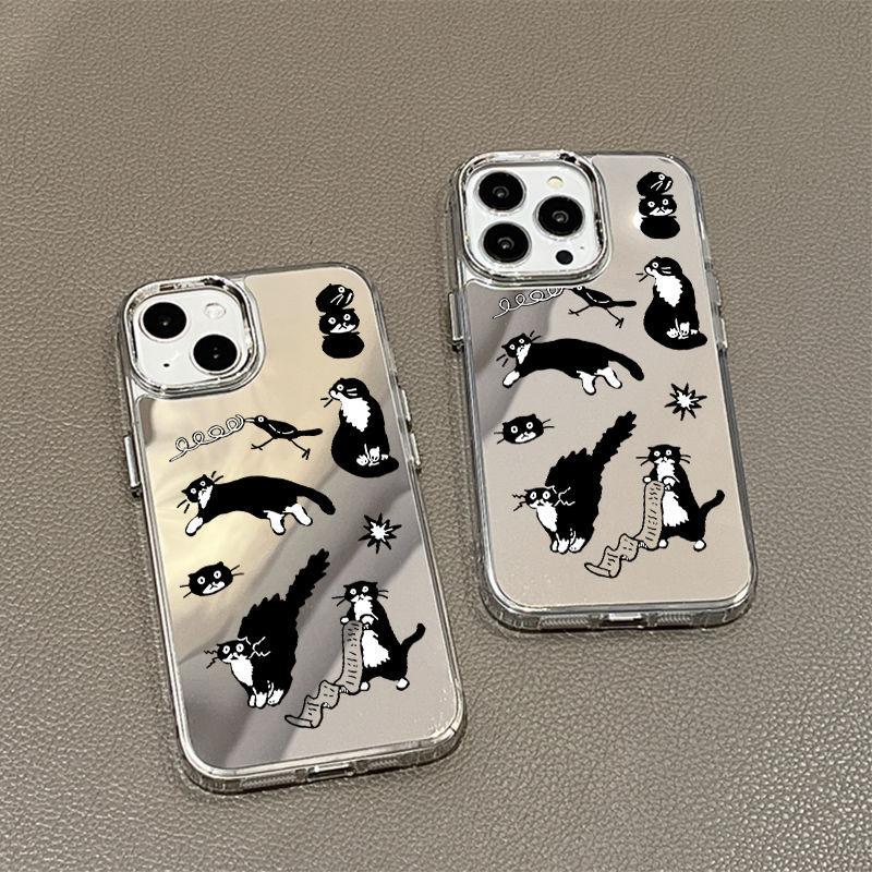 Little Black Cat Illustration Applies To iPhone17 Mobile Phone Case 16pro Electroplating Button 12 Apple 13 Mirror 15/14