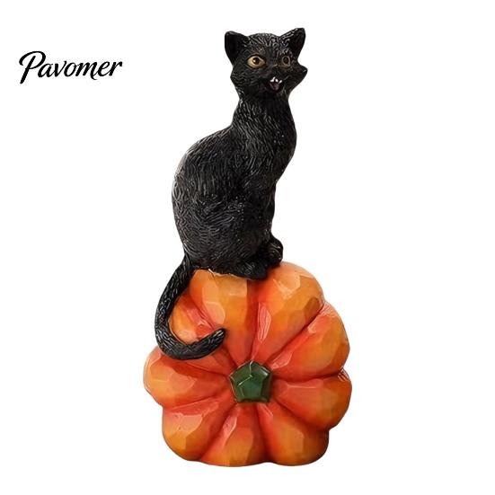 Black Cat Sculpture with Pumpkin Halloween Ornament, Vintage Wood Carving Style Decorative Resin Crafts for Entrance Figurine, Spooky Tabletop