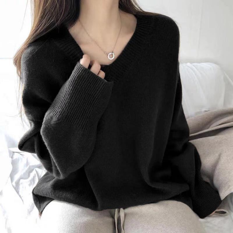 Autumn Vintage Fashion Long Sleeve Knitted Sweater Winter Bottoming Pullover Women Casual V-neck Tops Solid Color Clothes 29898