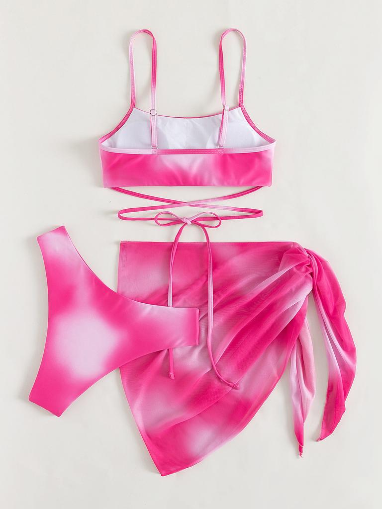 European and Americcan Women's Bikini Set 3 Pieces Tie Dye Swimwear Set Padded Bandage Top High Cut Brief Lace Up Cover-up Swimsuit Sexy Bathing Suit