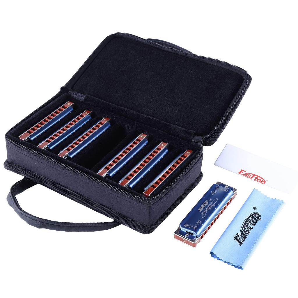East Top Blues Harp 10 20 Brass Canvas and Cleaning for and Diatonic Harmonica 7-Piece Set, Holes, Tones, Cover, Case, Cloth, Beginners,