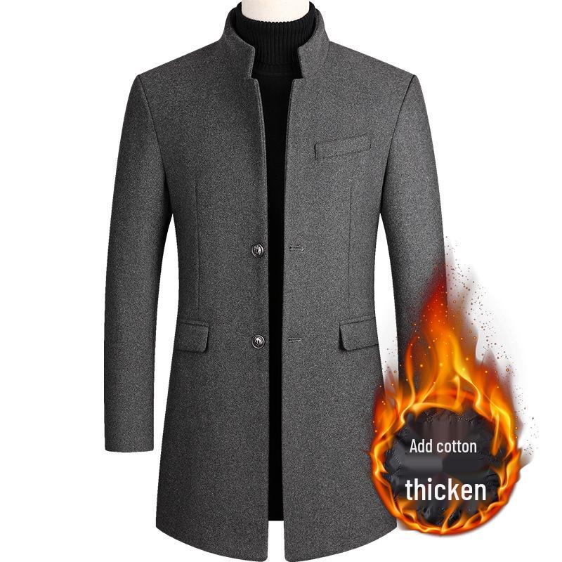 Men's Mid-Length Woolen Overcoat with Cotton Padding