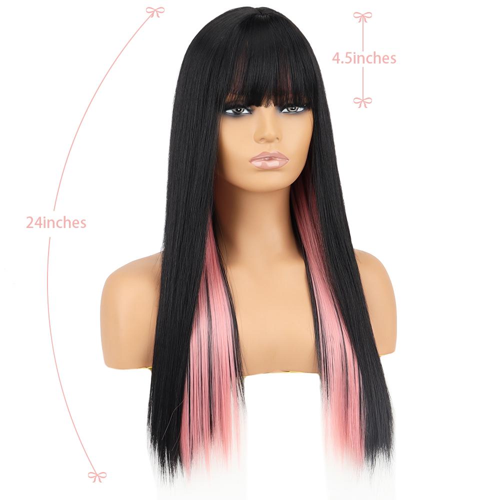 XINRAN Lange glatte Haare, schwarz-rosa Kunstfaser-Perücke mit Pony für Frauen, Lolita-Perücke, Cosplay, Alltagskleidung