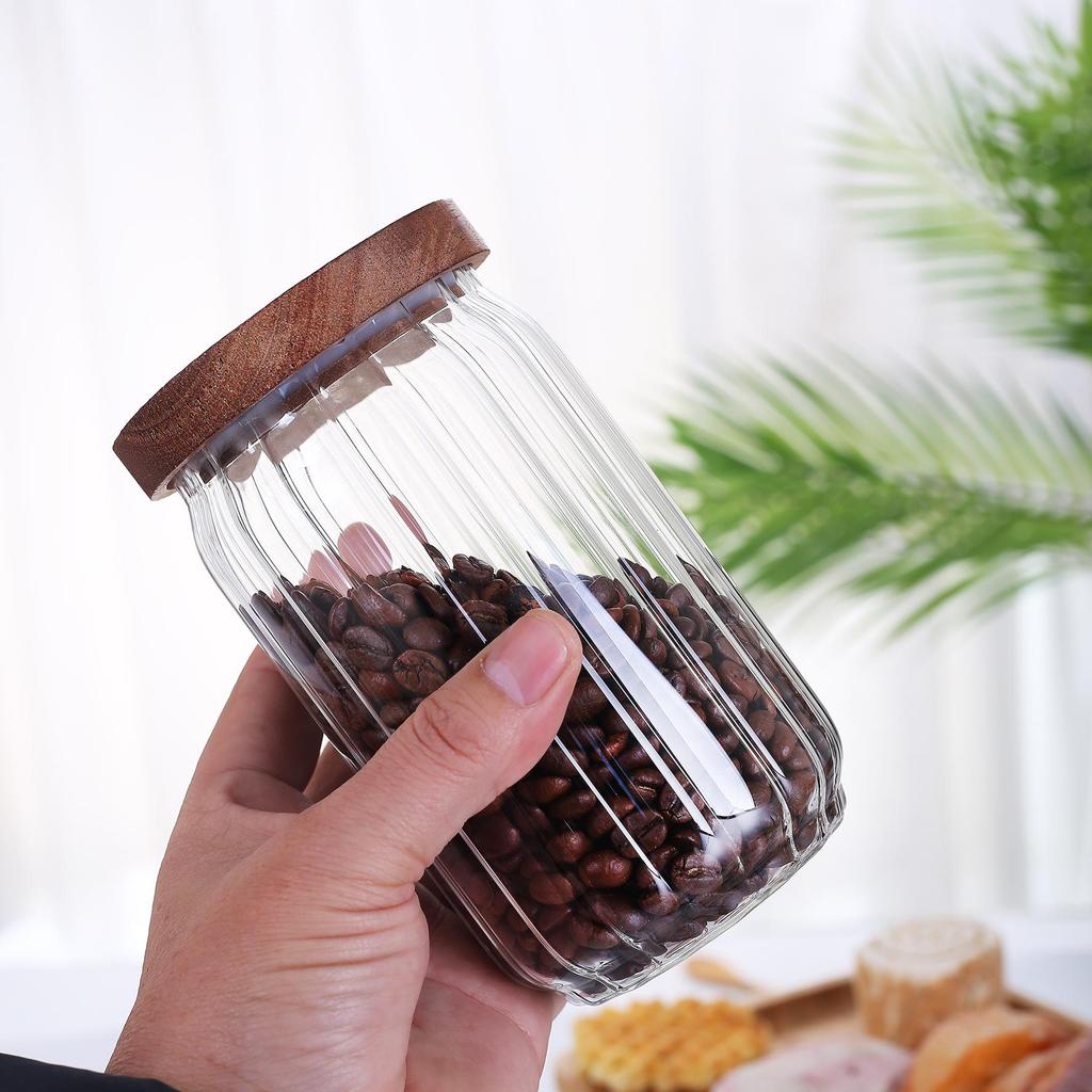 Wave Stripe Glass Storage Jar with Wood Lid for Coffee Beans