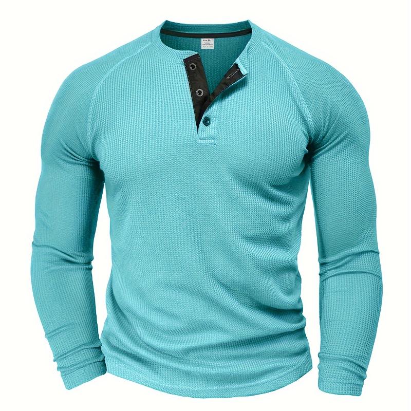 

Мужская свободная однотонная рубашка Henley с круглым вырезом и длинным рукавом на полпуговицы для активного отдыха на свежем воздухе весной и осенью S небесно-голубой