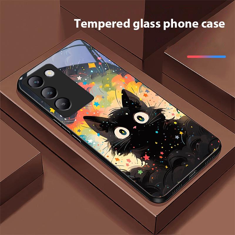 Niedliche kleine Katze für Y72 33S 11 03 36 96 Lite 35 16 Iqoo 12 V40 SE 5G 29 40 21 30 X80 Pro Vivo Handyhülle aus gehärtetem Glas Schwarz