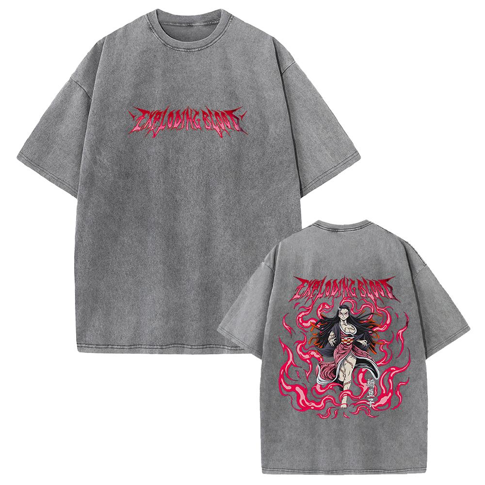 Nezuko Demon Slayer Graphic T-shirt for Men Clothing Anime Short Sleeve Tee Tops Y2k Washed Cotton Oversized T Shirt