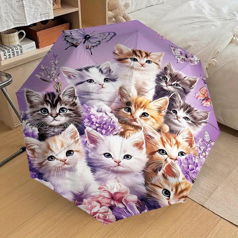 1PC Kittens Flowers Umbrella-8-Rib Reinforced Portable Folding Travel Suitable for All Seasons Outdoor Daily Use  -J0390