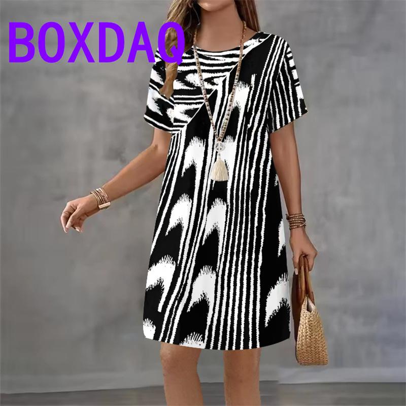 Gradient striped Pattern For Ladies Dress Vintage Short Sleeve O-Neck Loose Casual A-Line Dress Summer 3D Print Women Sundress