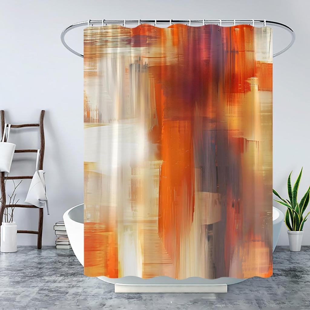 Abstract Orange Shower Curtain Burnt Orange Brown Oil Painting Watercolor Grunge Art Decor Bathroom Curtain Set with Hook