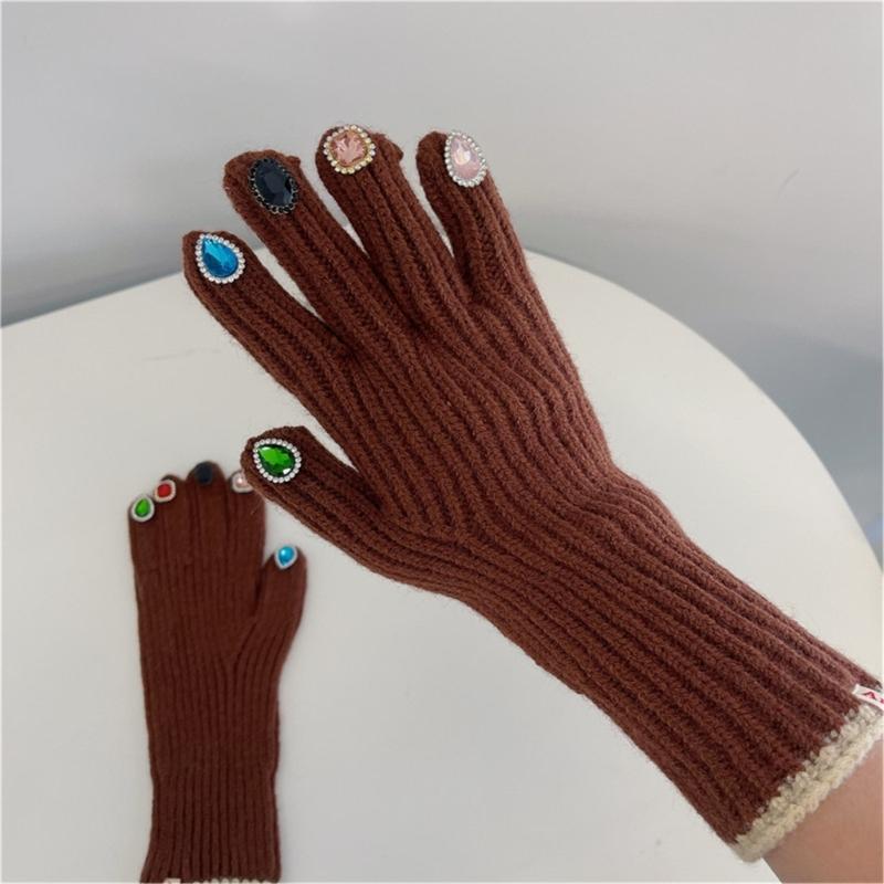Gants en strass pour femmes, gants tricotés avec décors en strass sur le bout des doigts, gants chauds d'hiver pour doigts complets, mitaines de luxe