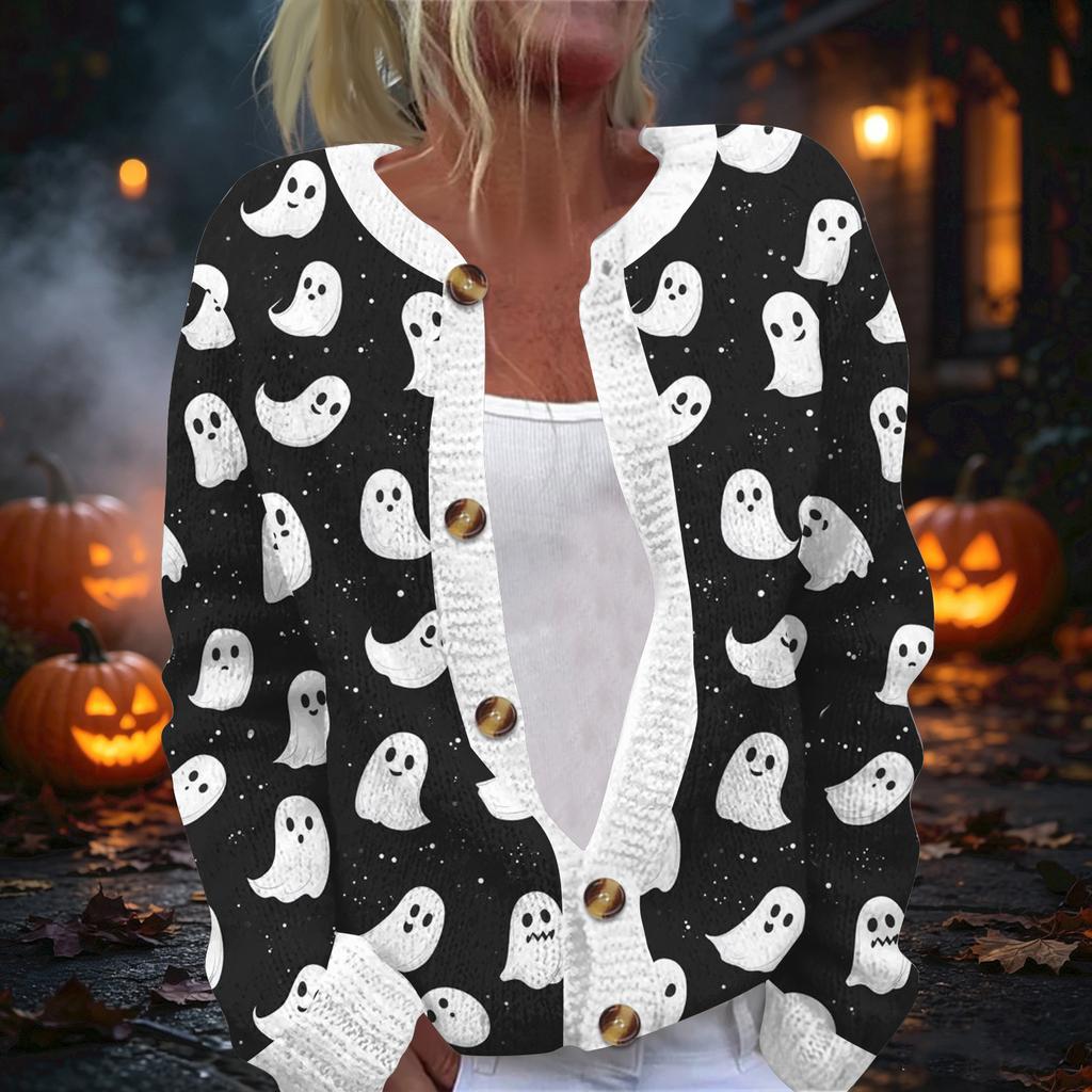 Women's Halloween Print Long Sleeve Knit Cardigan Button Front Sweater for Fall Outfits