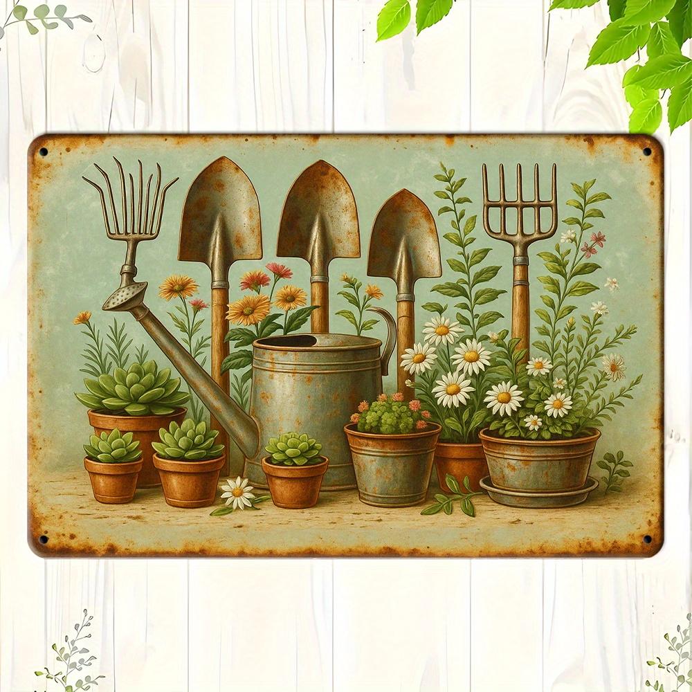 Vintage Gardening Tools Metal Sign - 20.32x30.48cm Rustic Plant Theme Decor for Indoor/Outdoor Spaces