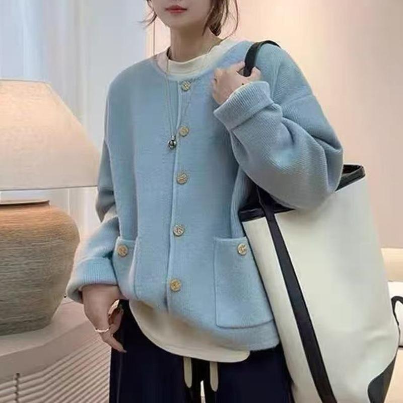 Crew neck knitted cardigan women's clothing autumn new loose and thin versatile single-breasted sweater jacket