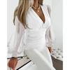 Fashion Sexy Deep V Neck Pullover Shirt Women Elegant Splice Lace Long Sleeve Blouse Female Solid Color Slim Fit Wrap Bust Tops