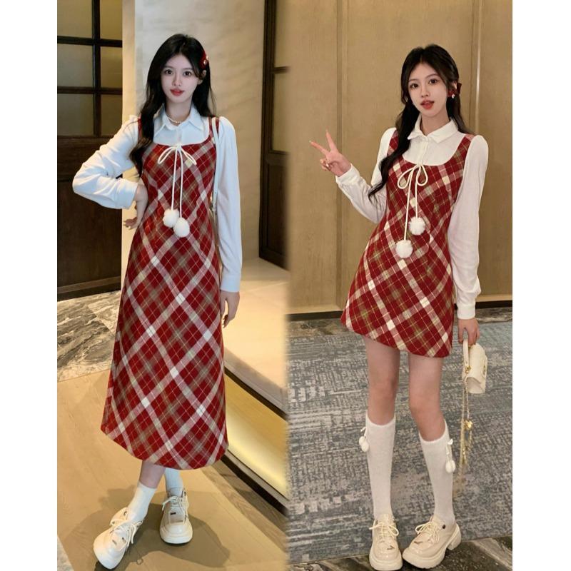 

Preppy New Year A-line Two-Piece Dress - Slimming Draped Short Skirt for Autumn and Winter Medium