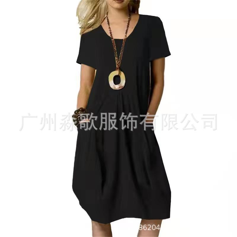 

Solid Color Cotton and Linen Patch Bag Round Neck Short Sleeved Dress S чорний