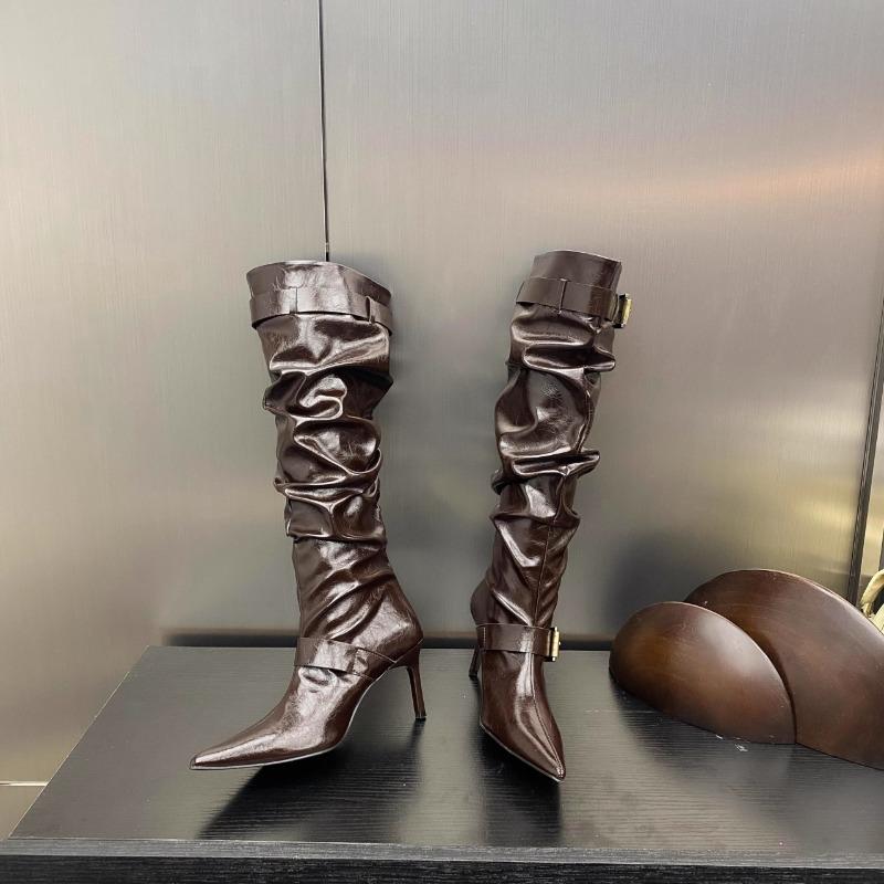 

Модные ботильоны на шпильке с острым носком и тонкой подошвой большого размера с плиссировкой до середины голени Женская обувь 39 коричневый