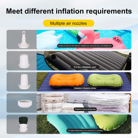 Outdoor Mini Air Pump with LED Light 6 Nozzles Portable USB Inflatables Ring Pool Float Air Mattress Bed Portable