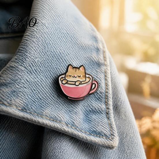 Bag Decor Pin Cartoon Coffee Cup Cat Brooch, Kitten Enamle Lapel Pin, Animal Daily Outfit Brooch Theme Alloy Badge, Clothing Accessories for Lovers