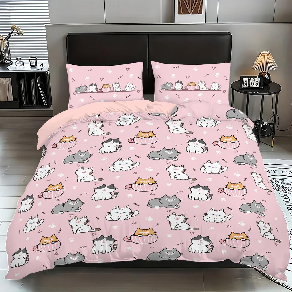 3pcs (1 duvet cover, 2 pillowcases, coreless), pink cute cartoon cat element printed bedding set, soft and comfortable