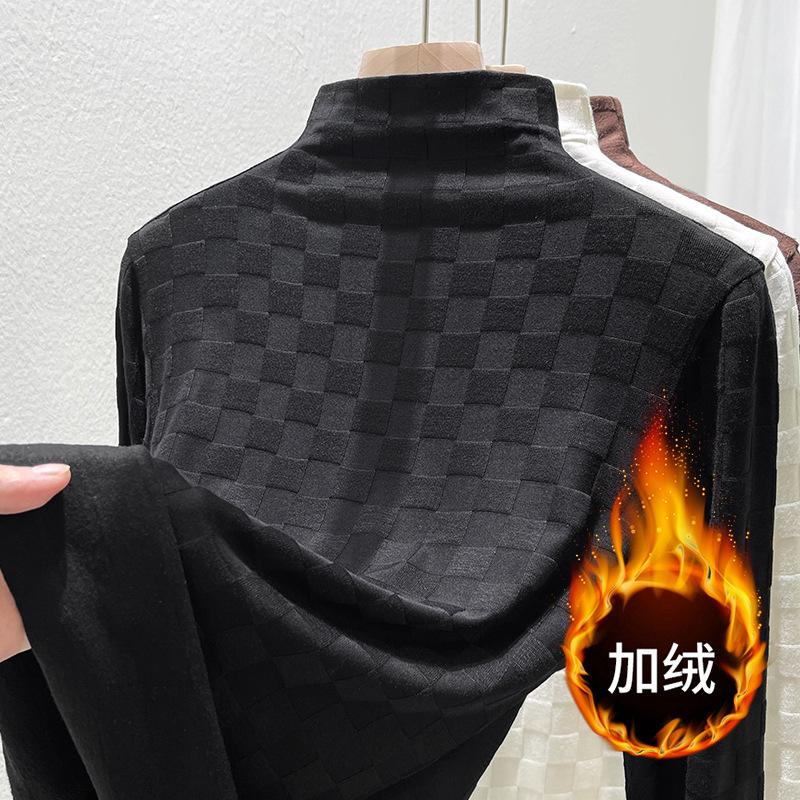 

Semi-turtleneck bottoming shirt for women, new plaid long-sleeved t-shirt for autumn and winter, women s polished thickened thermal top XXXL чёрный