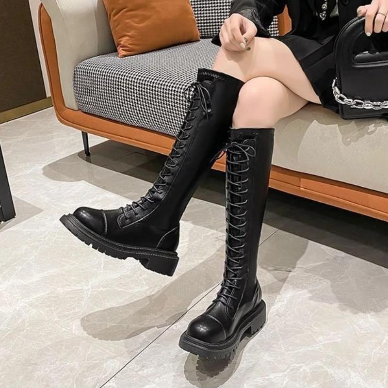 Fashion Round Toe Leather Knee High Shaft Shoes Woman New Rock Goth Long Boots for Women Designer Luxury Footwear Fashion 2025 Y2k Boot