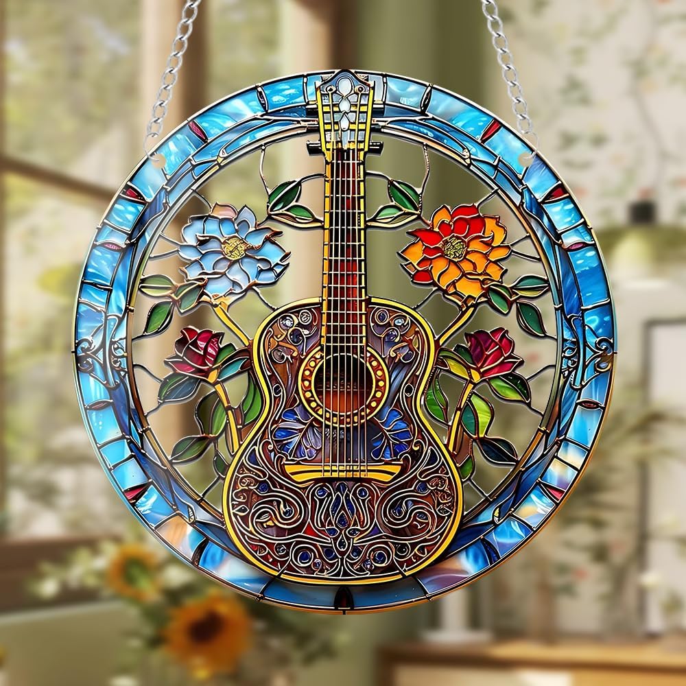 Guitar Acrylic Window Hanging Music Equipment Stained Suncatchers for Window Acrylic Panels Bedroom Garden Kitchen Wall Decoration Gifts for Women