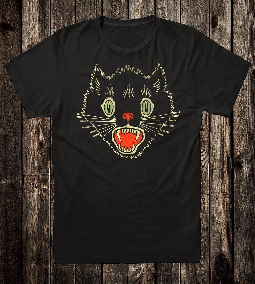 Retro Halloween Tee T Shirt Vtg Art 100% Cotton Tattoo Black Cat 2XL