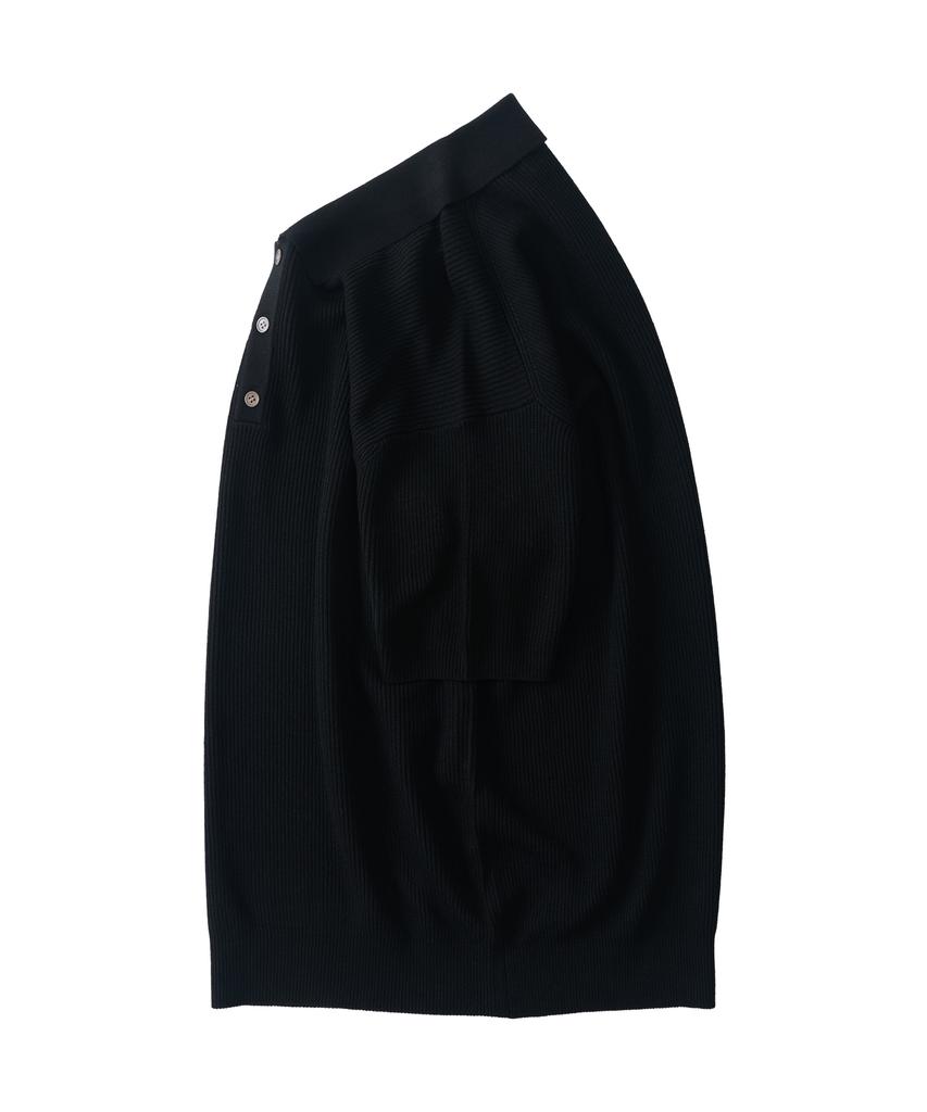ANALOG MOOD Hacci Button-Up Collar Short Sleeve Knit (Black)