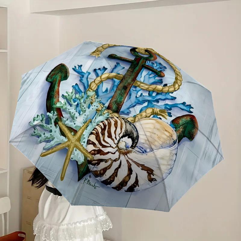 1pc Nautical Decor with Anchor, Shells, and Coral Umbrella with Plastic Handle,Suitable for All Seasons Home Travel Outdoor UmbrellaDD1403