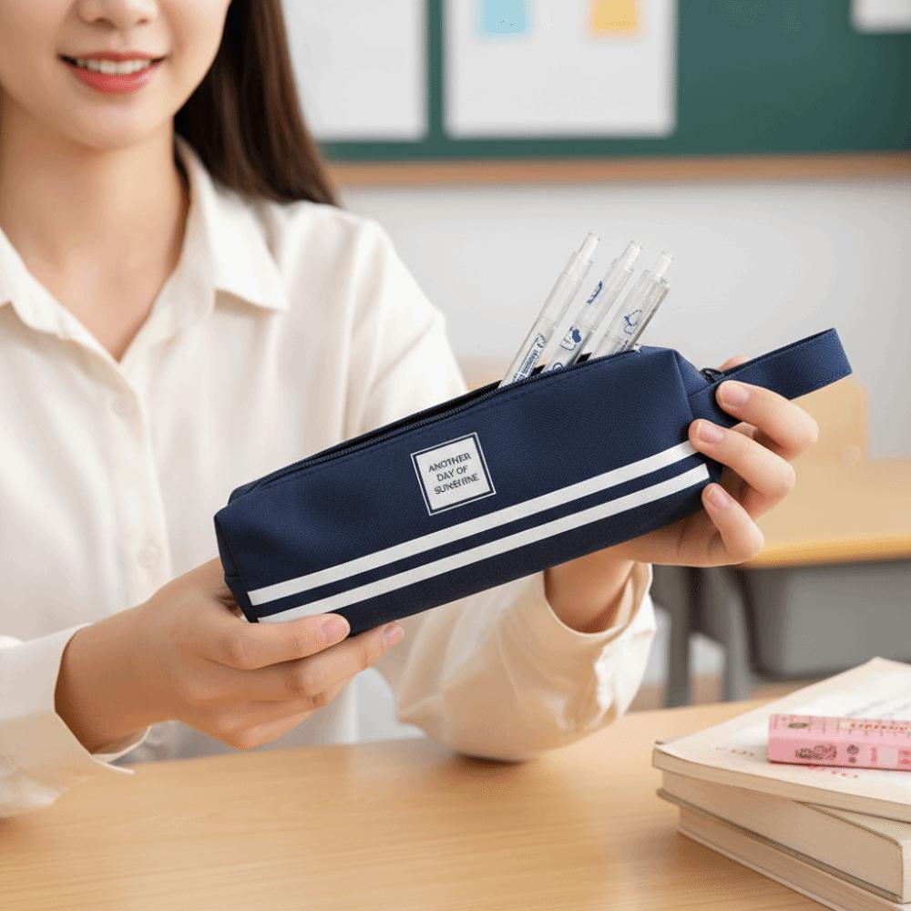 Solid Color Large Capacity Pencil Case Portable Stationery Organizer Storage Bag  School