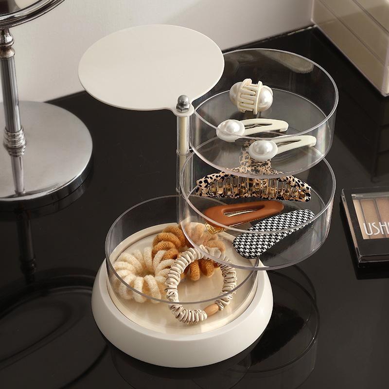 Transparent rotating jewelry organizer with multiple layers, large-sized cushion puff and beauty sponge storage rack, rotatable
