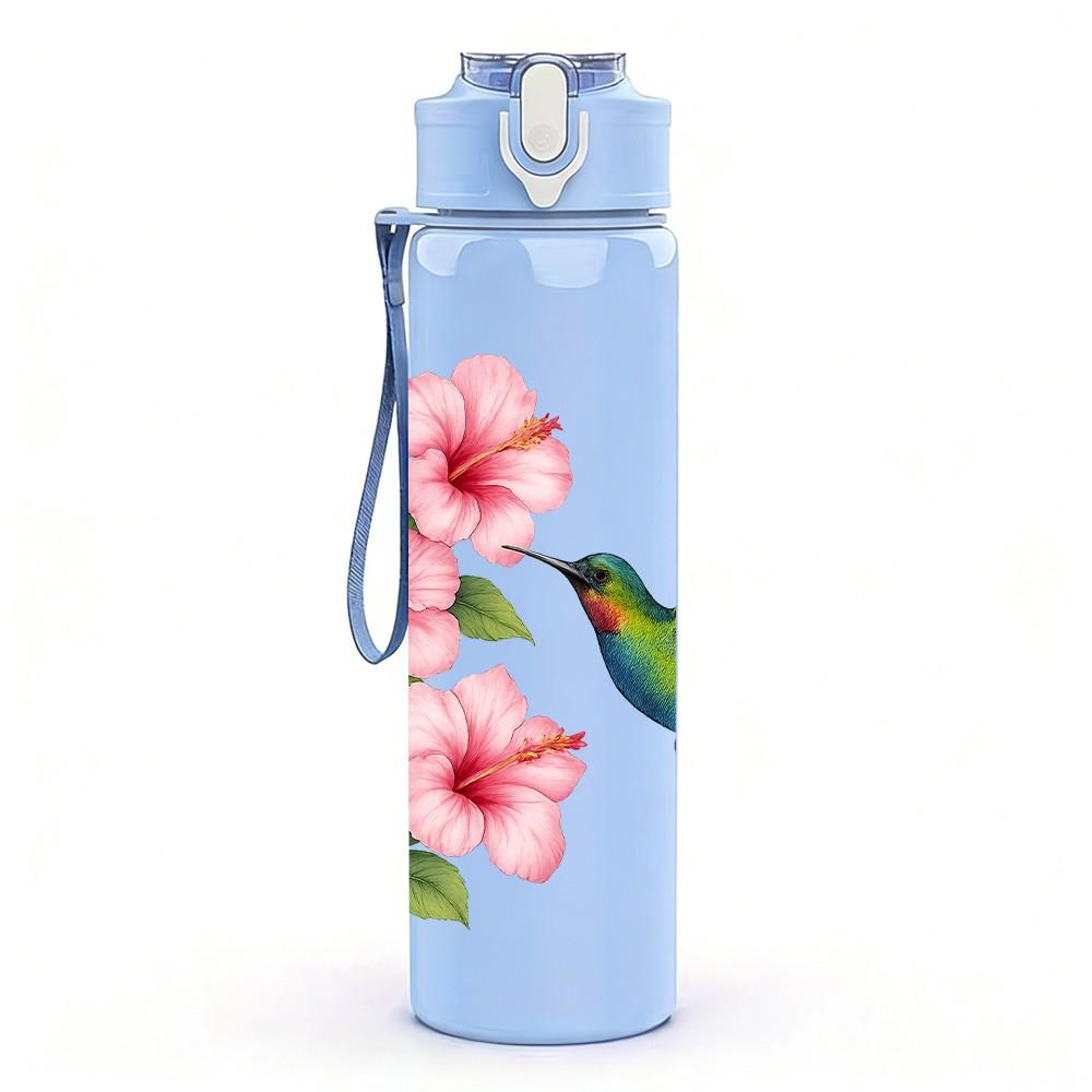 1PC Hummingbird Pink Cherry Blossom 750ml Color Plastic Sports Water Bottle Leakproof Flip Straw Lid For Sports Office Home Use