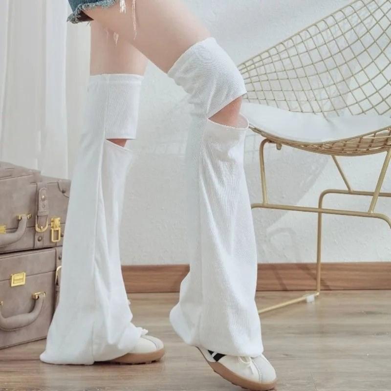 Women Punk Hollowed Out Thgh High Flared Leg Warmers Over Knee Long Socks Solid Color Leg Covers Stockings Streetwear