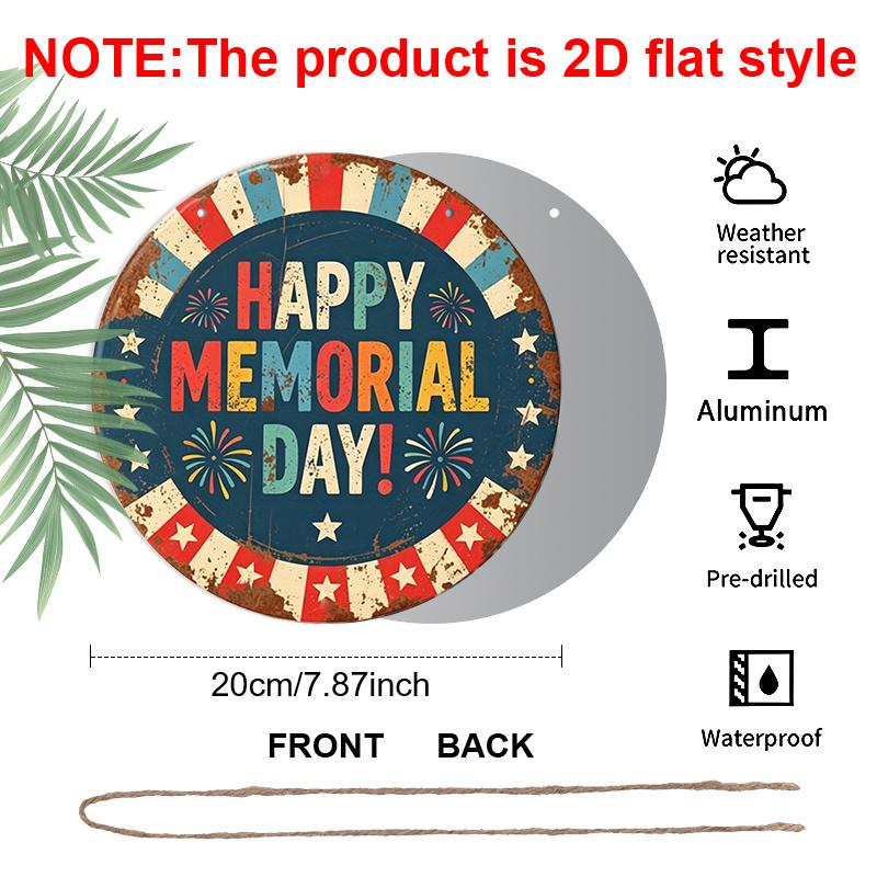 2D Flat, 1Pc Round "Happy Memorial Day" Aluminum Hanging Sign, Vintage Patriotic Firework Star Design, Rustic Metal Wall Decor, Perfect for Memorial