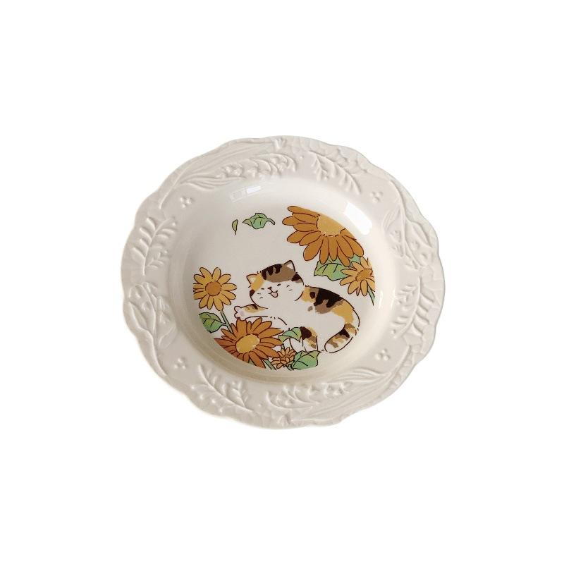 Japanese Cute Cartoon Cat Ceramic Relief Plate Dessert Cake Noodle Plate Household Dish Plate Western