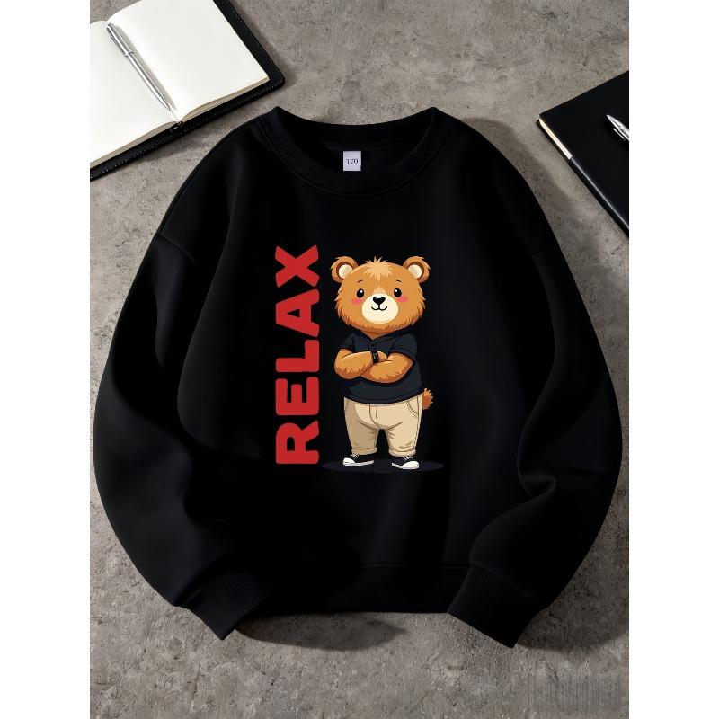 Kids Unisex Crewneck Sweatshirt, Red Vertical RELAX Cool Cartoon Bear Print Long Sleeve Pullover, Soft Sweatshirt for Boys Girls Over 4 Years Old