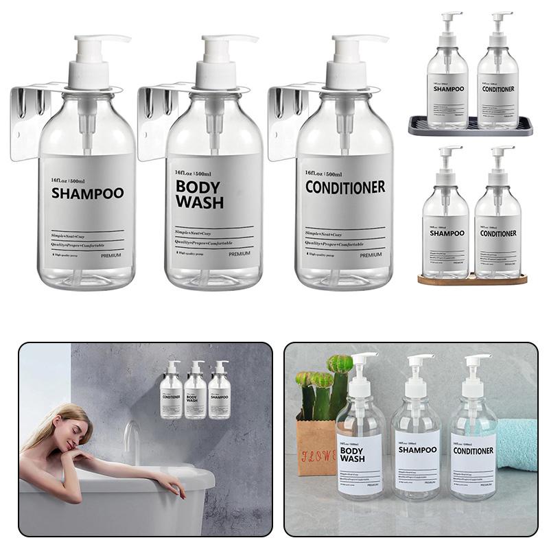Dozator de șampon și balsam transparent de 500 ml pentru sticle de săpun de duș cu montare pe perete cu etichete Reumplere dozatoare de spălat corporal pentru baie, bucătărie