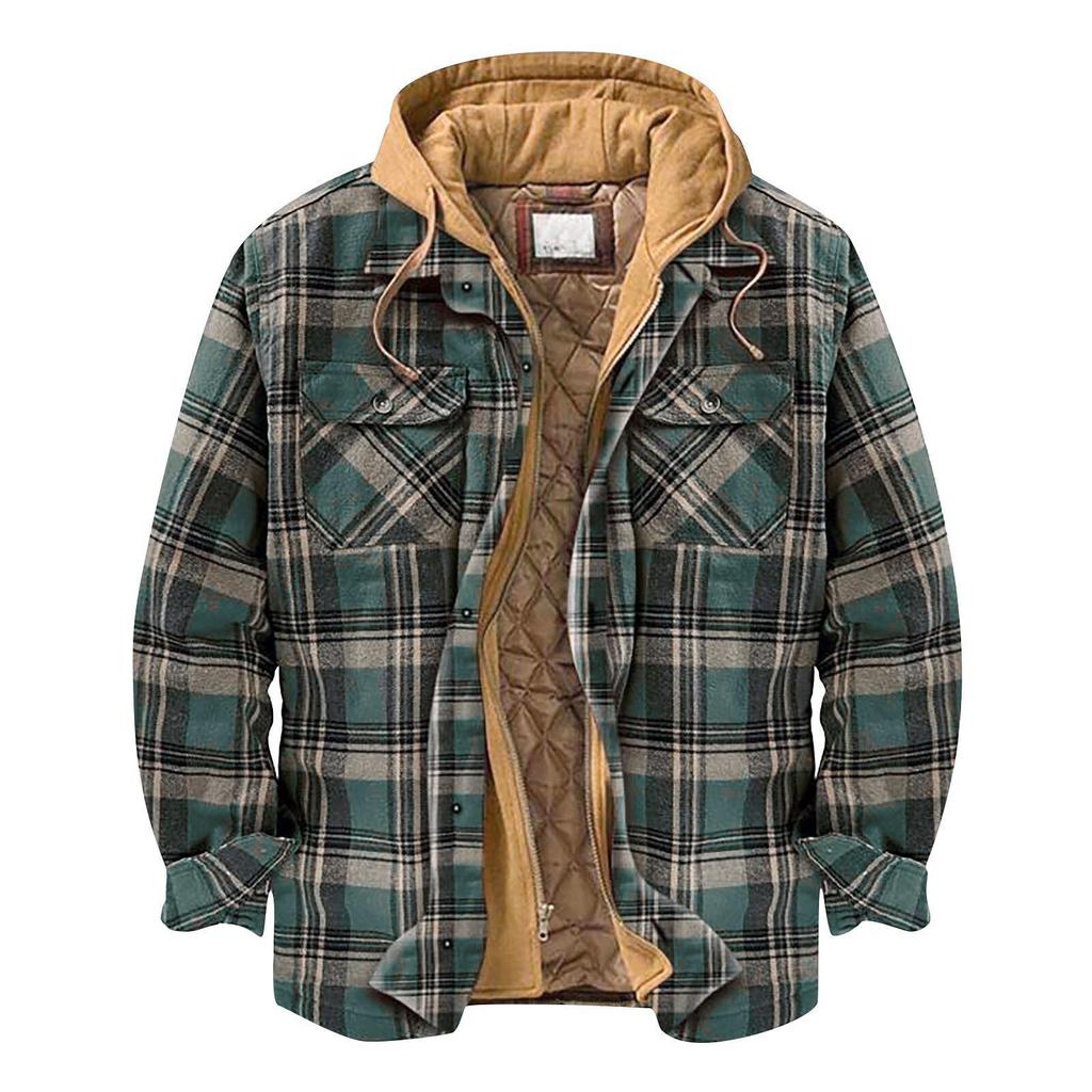 Gestepptes, gefüttertes, kariertes Button-Down-Hemd für Herren. Mit Samt versehen, um warm zu bleiben. Jacke mit Kapuze(Nicht positionierendes Drucken)