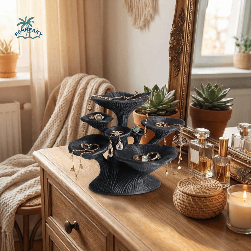 3D Printed Mushroom Jewelry Stand Multi-Layer Plastic Jewelry Storage Tower Storage Shelves Black Glossy Ring Display Stand