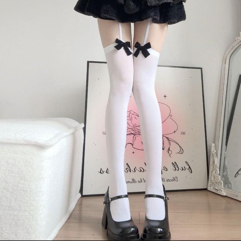 Breathable Comfortable Bowknot Suspender Stockings Lolita Style Knee High Socks  Women