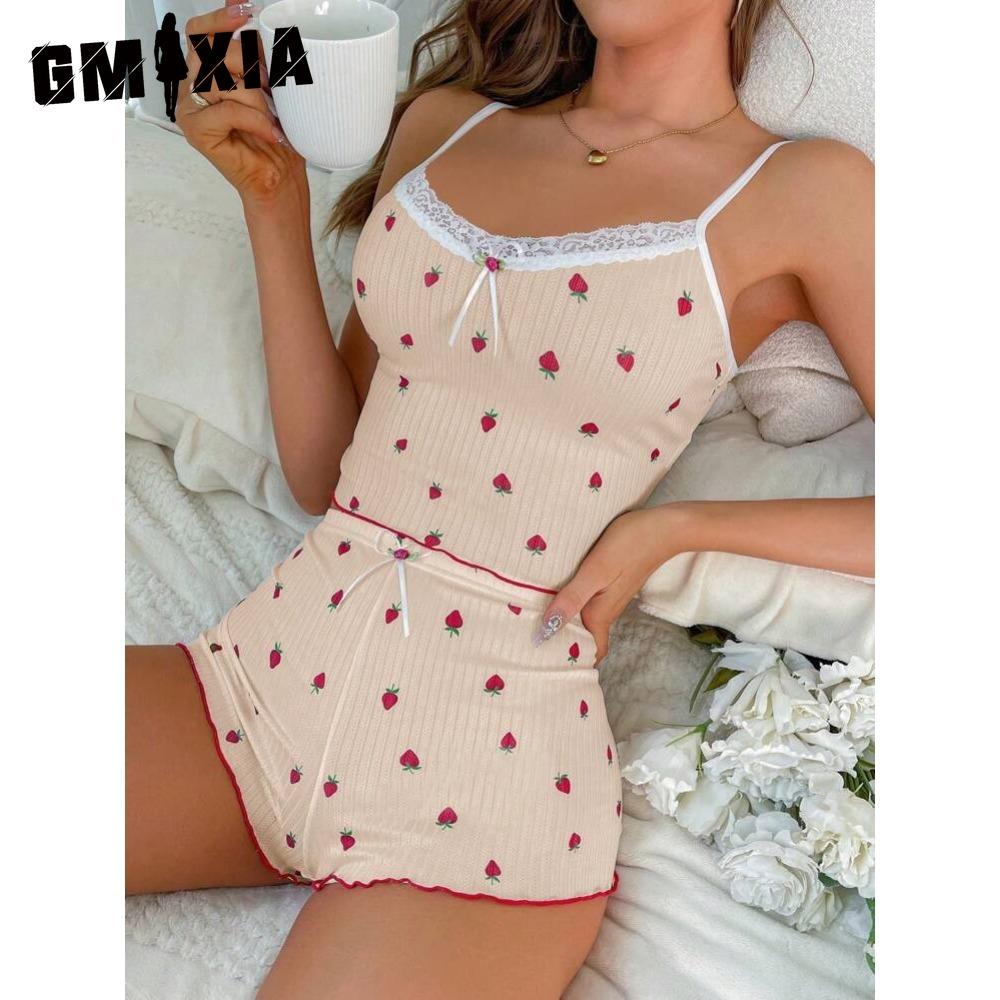 

GMXIA Пижама Полоска Пит Домашняя одежда Женская Бант Кружевной край Сексуальные Подтяжки Шорты Комплект из двух предметов XL хаки