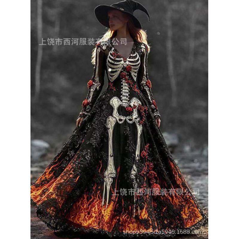 Abito Lungo da Donna con Stampa Sfumata Teschio Rosa Gotico Streetwear di Halloween