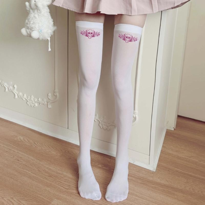 Halloween Skull Print Stockings for Women Girl Silk Leggings Tights Sock Cosplay Costume Over Knee Thigh High Long Socks