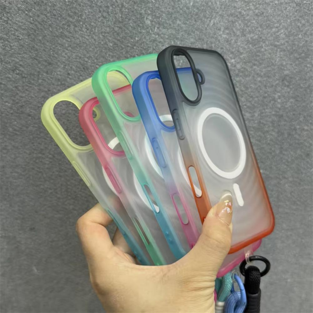 For Magsafe Magnetic Water Ripple Gradient Matte Translucent Phone Case with Wrist Strap For iPhone 16 Pro Max 15 14 13 12 Cover